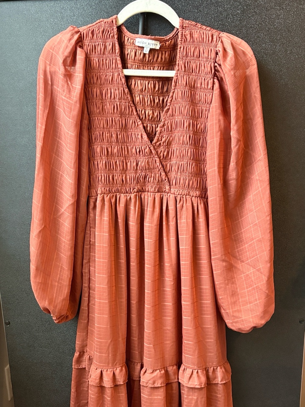 Moon River Rust-Red Smocked V-Neck Maxi Dress
